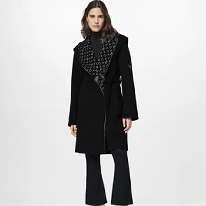 lv louis vuitton monogram lined wrap hooded wool silk blend long coat